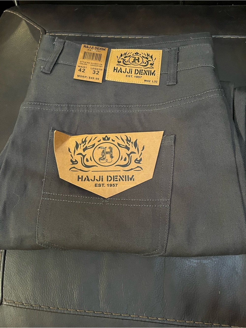 HAJJI DENIM Men’s Chocolate Grey Jeans 42x32 NWT